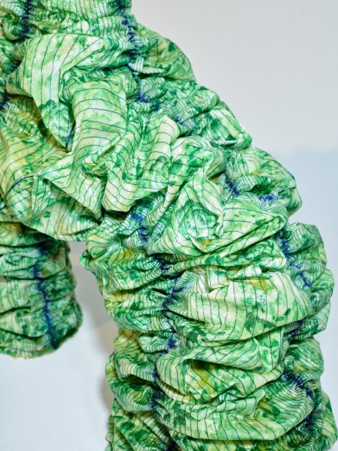 Jens Ole has created a sculptural art piece called "GreenFutureXSculpture" using Ganni leftover fabrics that have been embroidered and glazed with oil.