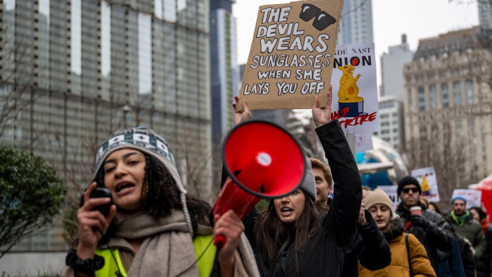 Condé Nast Union members walk the picket line Jan. 23 in front of the Condé Nast offices at One World Trade Center in New York City.