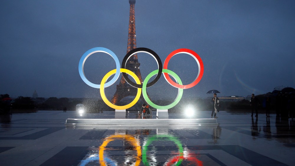 PARIS, FRANCE - SEPTEMBER 13:  The unveiling of the Olympic rings on the esplanade of Trocadero in front of the Eiffel tower after the official announcement of the attribution of the Olympic Games 2024 to the city of Paris on September 13, 2017 in Paris, France. For the first time in history, the International Olympic Committee (IOC) confirms two summer Games host cities at the same time, Paris will host the Olympic Games in 2024 and Los Angeles in 2028.  (Photo by Chesnot/Getty Images)
