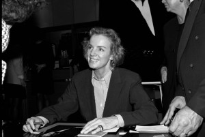 Fashion designer Jil Sander having a conversation with a woman at the I. Magnin store in San Francisco