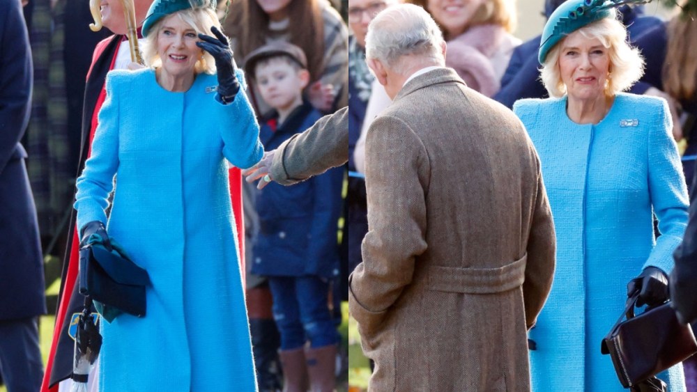 Queen Camilla blue coat, King Charles, Sandringham, New Year's Eve, 2024, aquamarine brooch