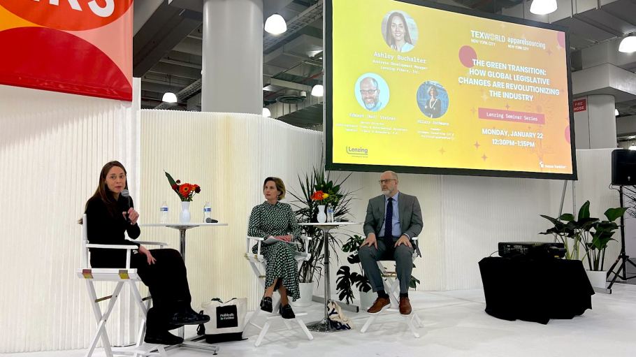 Ashley Buchalter, Hilary Jochmans and Edward "Ned" Steiner speaking at Texworld NYC.