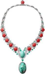 Cartier Le Voyage Recommencé high jewelry necklace in platinum with turquoise, coral, emeralds and diamonds.