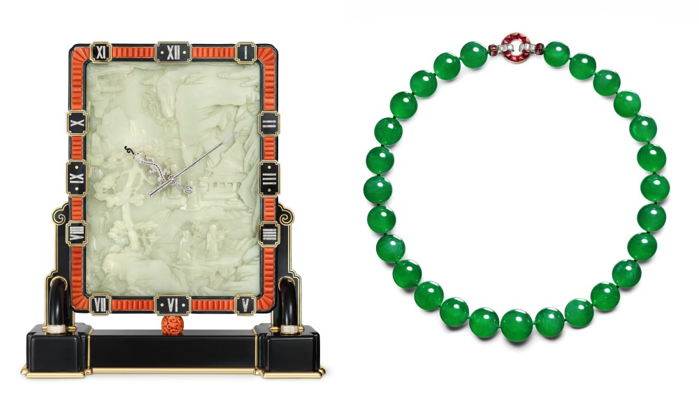 A Cartier Chinese style clock, and a Cartier jade necklace.