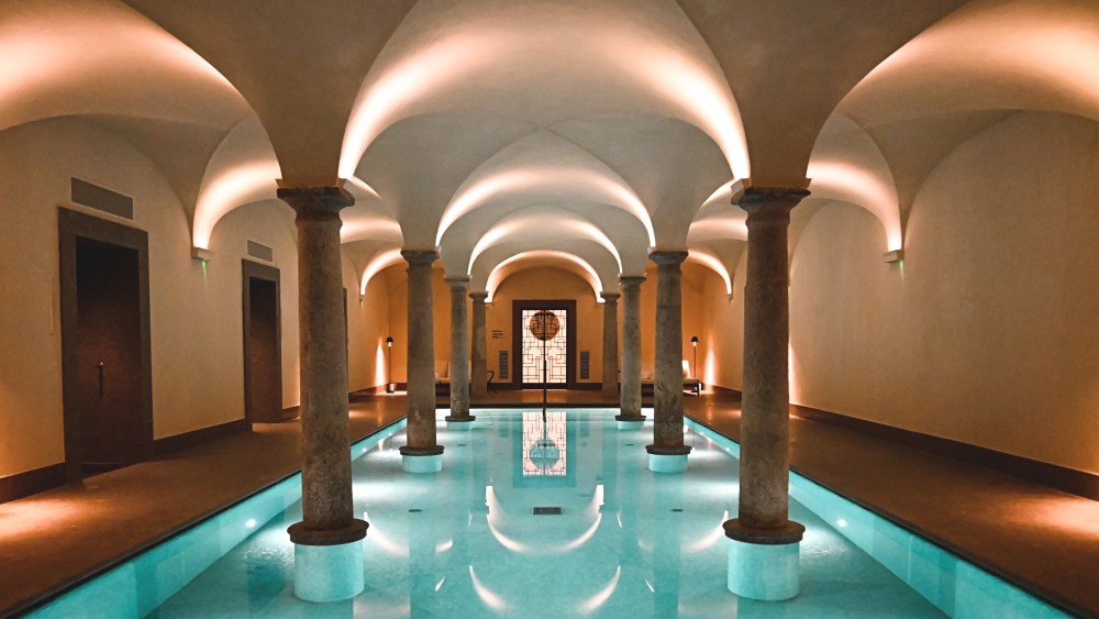 The indoor pool at The Longevity Spa inside the Portrait Milano hotel.