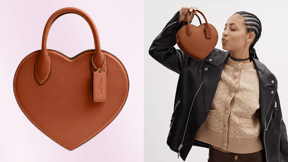 heart-shaped leather handbag over pink background; woman holding heart-shaped leather handbag