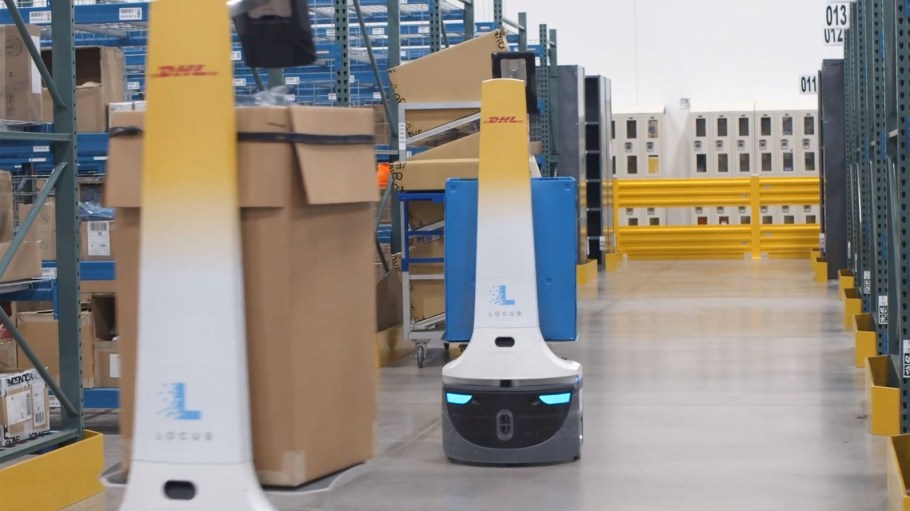 Assisted picking robots from Locus Robotics deployed in a DHL warehouse.