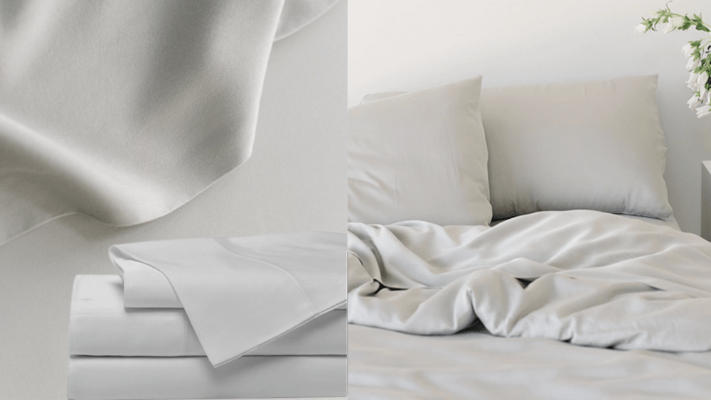 gray bedding sheets; bed dressed in gray sheets