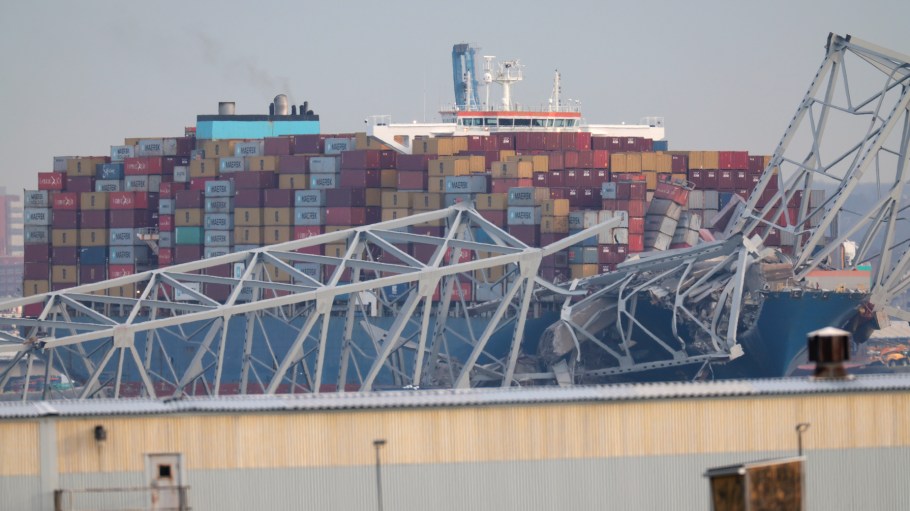 The Dali cargo ship is shown after running into and collapsing the Francis Scott Key Bridge on March 26, 2024 in Baltimore, Maryland. Rescuers are searching for at least seven people, authorities say, while two others have been pulled from the Patapsco River.