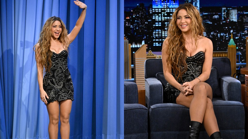 Singer Shakira in balmain dress during an interview on Monday, March 25, 2024, tonight show, jimmy fallon, balmain minidress