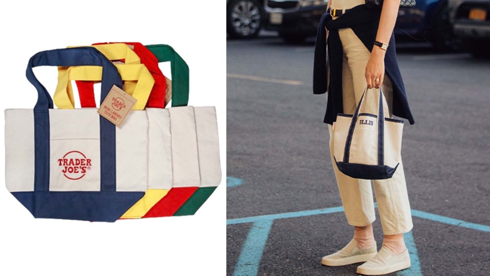 pile of small trader joe's tote bags in a variety of colors; woman holding a small tote bag in a parking lot