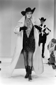 Model Dianne DeWitt. Mackie's fall 1988 ready to wear collection was focused around Hollywood movie genres complete with elements of old western, jungle and swashbuckling films.