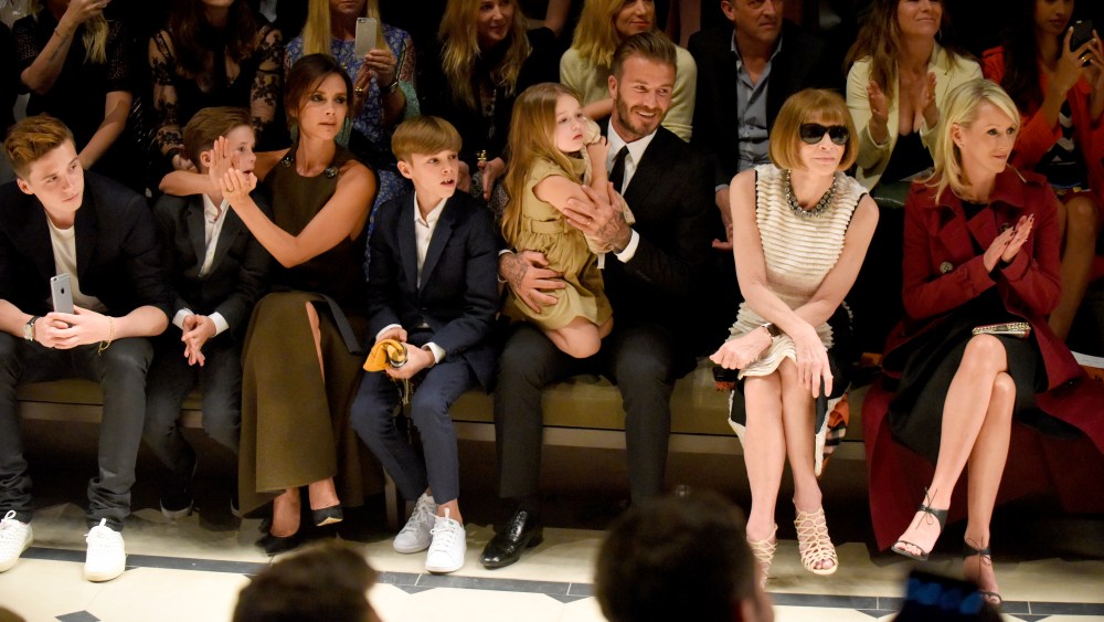 LOS ANGELES, CA - APRIL 16: (L-R) Brooklyn Beckham, Cruz Beckham, Victoria Beckham, Romeo Beckham, Harper Beckham, David Beckham, editor-in-chief of American Vogue Anna Wintour and Julia Gorden attend the Burberry "London in Los Angeles" event at Griffith Observatory on April 16, 2015 in Los Angeles, California.  (Photo by Jeff Vespa/Getty Images for Burberry)