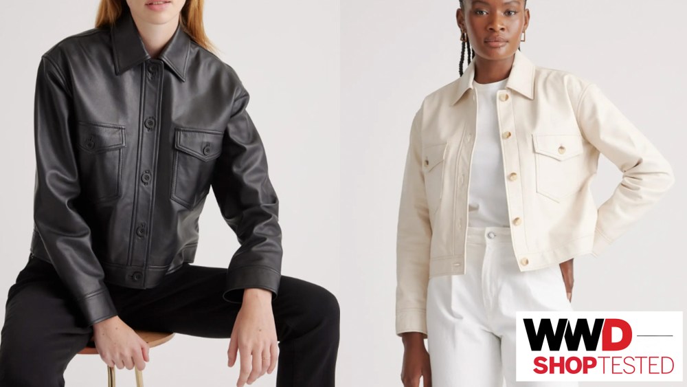 Quince leather jacket in black that our editors tested; Quince leather jacket in white