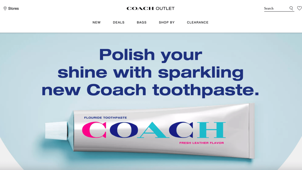 The Coach Outlet homepage, advertising a new Coach toothpaste.