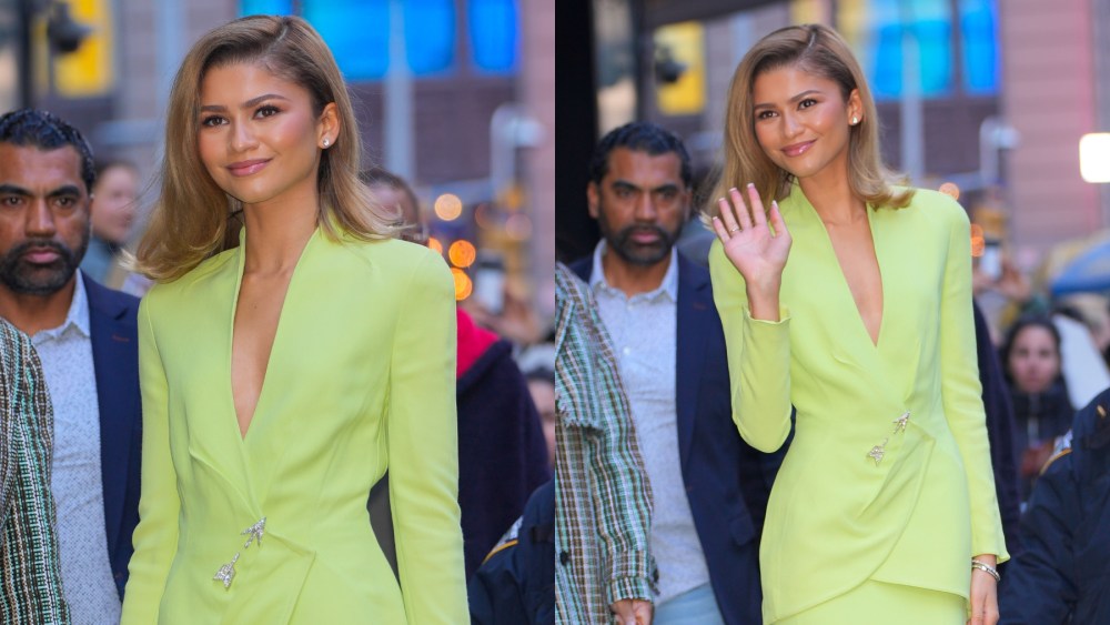 Zendaya arrives at "Live With Kelly and Mark" on April 23 in New York, Law Roach, Thierry Mugler green suit skirt suit dress