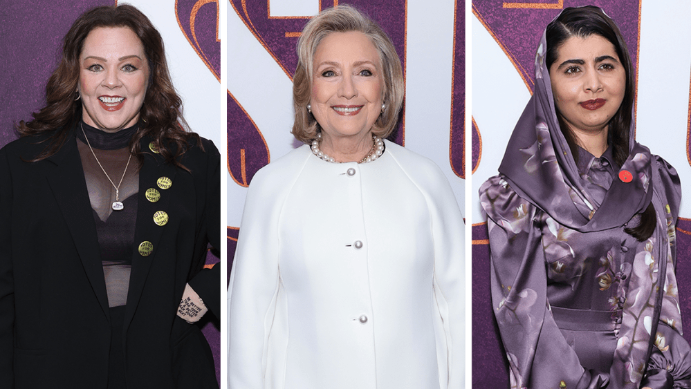 Melissa McCarthy sheer bralette suit, Hillary Clinton womens liberation white coat, Malala Yousafzai, Suffs Broadway premiere