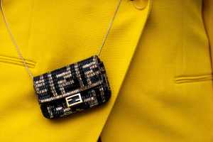 A detail photo of Jenner Naylors mini handbag at Spring Studios during New York Fashion Week on February 13, 2022 in New York City.