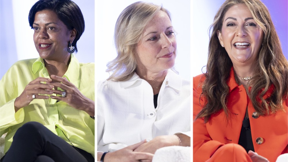 Sephora's Alia Gogi, Sylvie Moreau and Artemis Patrick on stage at the 2024 WWD Beauty CEO Summit.