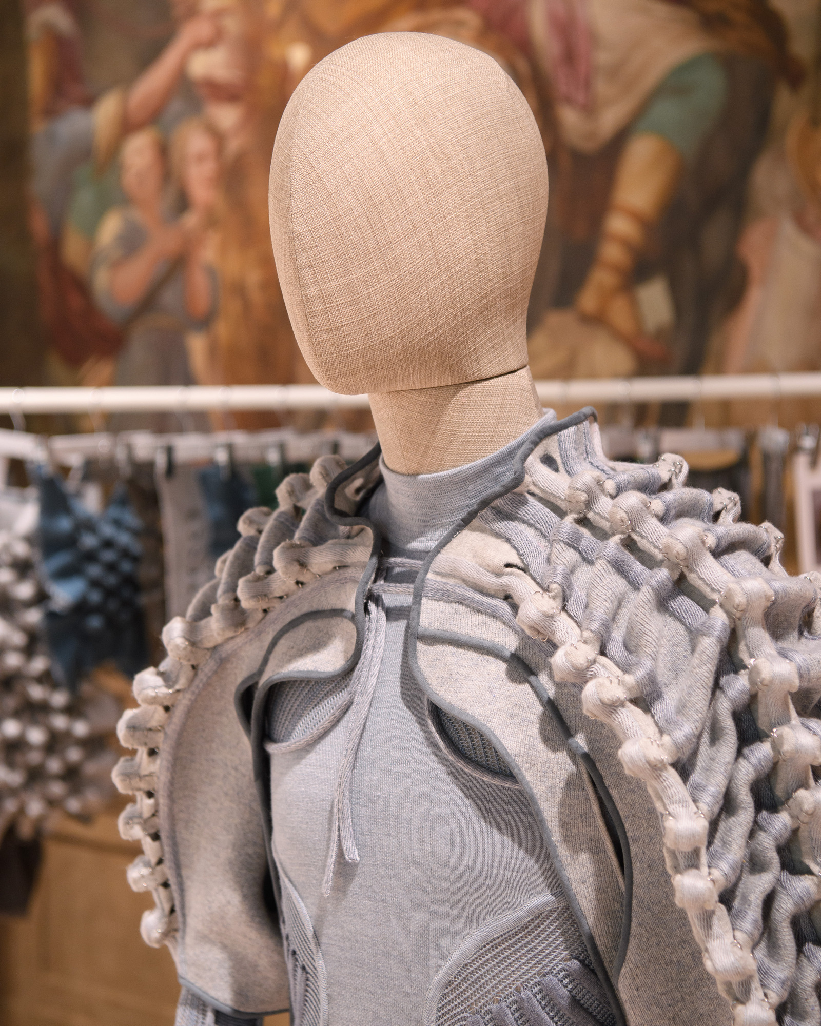 Details of the armor-like cashmere sweater by students Pierre Sauvageot and Björn Backes the Loro Piana 2024 Knit Design Award winners
