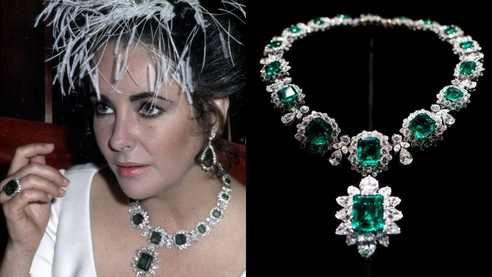 Elizabeth Taylor wearing the Bulgari emerald suite in 1968, Elizabeth Taylor's diamond and emerald Bulgari necklace displayed by Christie's in 2011, jewelry, Elizabeth Taylor's Jewels: Where All Diamonds & More Are Now, PHOTOS