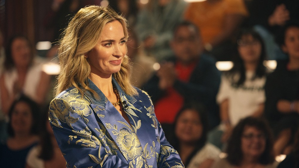 Emily Blunt and Kelly Clarkson on "The Kelly Clarkson Show," Etro, celebrity style, satin printed blazer