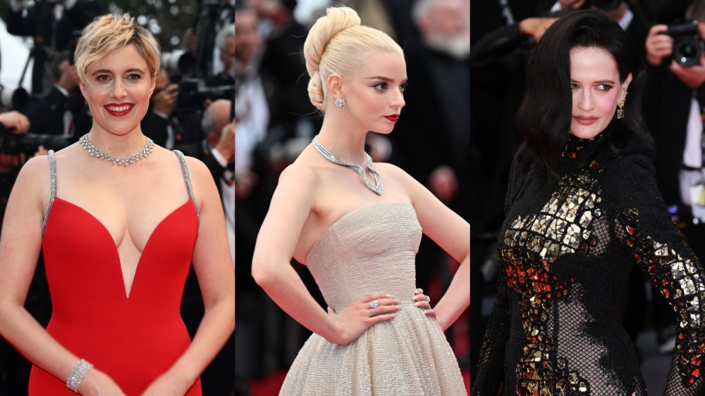 Greta Gerwig, Anya Taylor-Joy and Eva Green attend the "Furiosa: A Mad Max Saga" premiere at the 2024 Cannes Film Festival on May 15, red carpet, Chopard, Balmain, Dior, Tiffany & Co., Armani