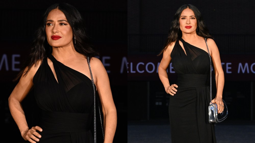 Salma Hayek arrives at the Gucci cruise 2025 fashion show on May 13 in London.