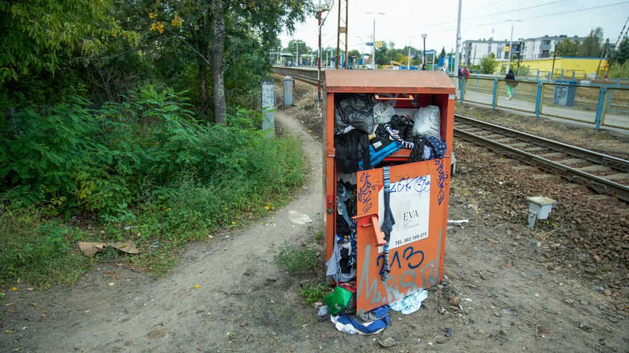 A clothing donation bin is seen in Warsaw, Poland.