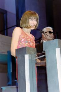 Anna Wintour and Karl Lagerfeld appear onstage during a Council of Fashion Designers of America event at JP Morgan Atrium in New York City on February 9, 1998.