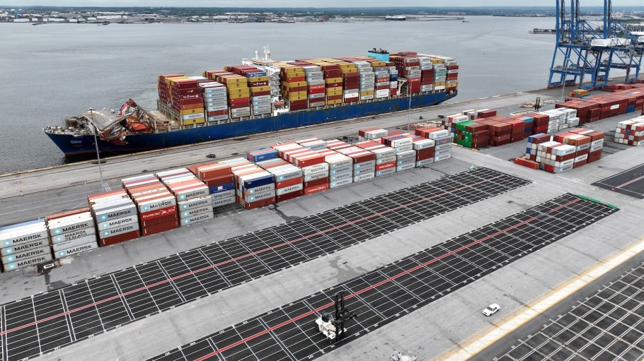 The damaged container ship Dali is docked at the Seagirt Marine Terminal on May 20, 2024 at the Port of Baltimore.