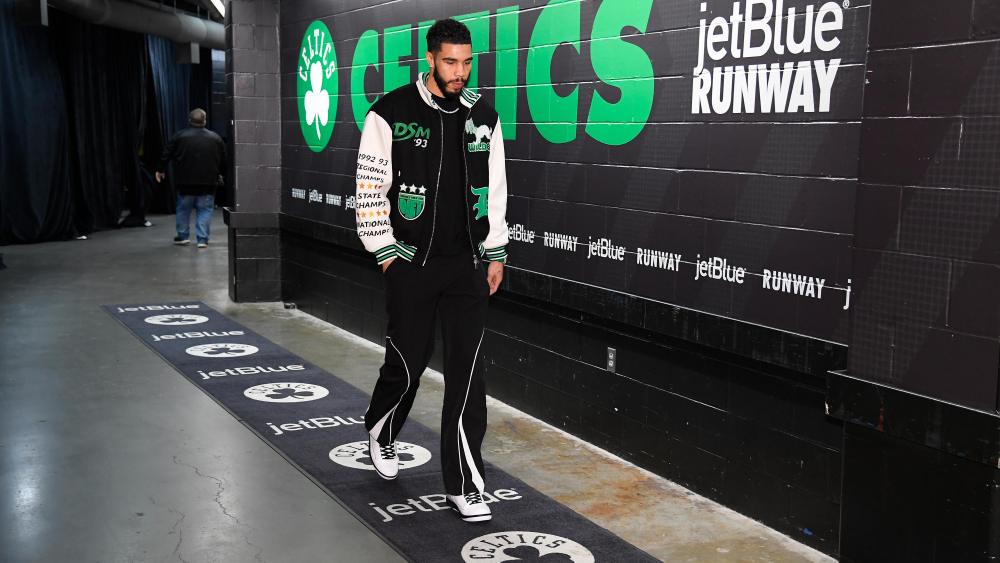 Jayson Tatum of the Boston Celtics arrives at the arena before the game against the Utah Jazz on January 5, 2024 at the TD Garden in Boston, Massachusetts.