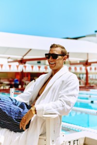 Paul Stuart cotton robe; Emporio Armani viscose pants; Omega Constellation watch in 39mm; Port Tanger sunglasses.