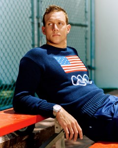 Polo Ralph Lauren Team USA flag cotton sweater; Nobull nylon and elastane shorts; Omega Seamaster Diver “Paris 2024” watch in 42mm.