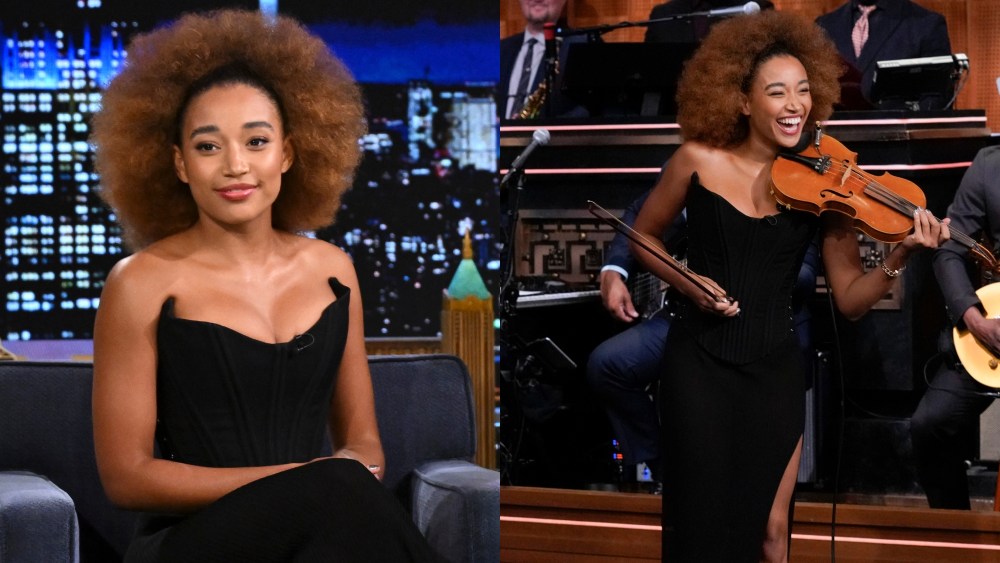 amandla stenberg, violin, strapless black dress, the tonight show