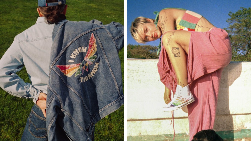 Levi's and Converse Pride Month 2025 collections, lgbtq gay pride merch, clothing, makeup, shoes, accessories, companies supporting pride month with charity donations