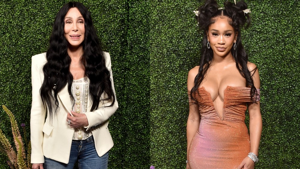 Cher, left, and Saweetie at the Tristan Schukraft Celebrate a New Era at "The Abbey" Party held at The Abbey Food & Bar on June 20, 2024 in West Hollywood, California.