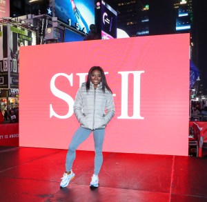 NEW YORK, NEW YORK - MARCH 03: Olympic Gymnast Simone Biles appears in Times Square for SK-II Beauty Campaign on March 03, 2020 in New York City. (Photo by Arturo Holmes/Getty Images)