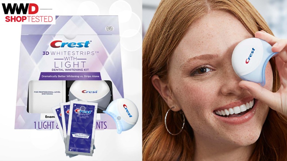Crest 3D teeth withening kit on white background; woman smilining with teeth whitening light