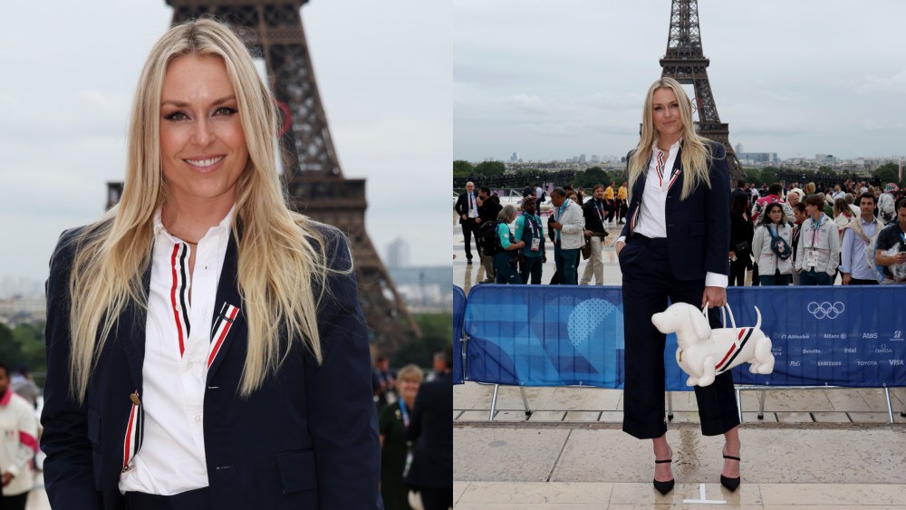 Lindsey Vonn wears thom browne at the opening ceremony of the Olympic Games Paris 2024 on July 26.