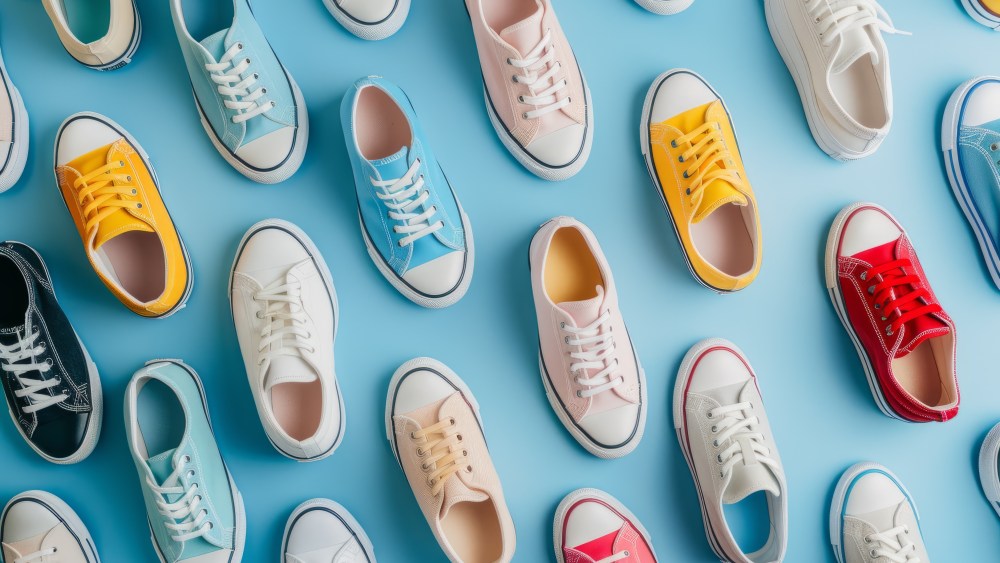 multi-colored sports shoes, sneakers and boots, lying on a light blue background
