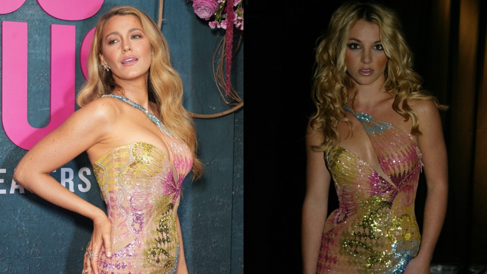 Blake Lively at the "It Ends With Us" premiere on Aug. 6 in New York; Britney Spears at Versace's spring 2003 fashion show, Lorraine Schwartz