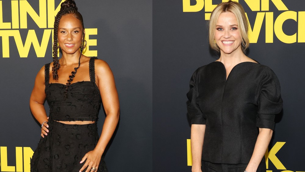 Alicia Keys in Farm Rio, left, Reese Witherspoon, right, at the Los Angeles premiere of 'Blink Twice' on Aug. 8.