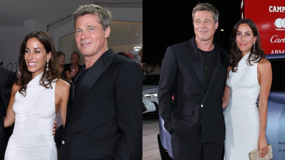 Brad Pitt and Ines de Ramon attend the "Wolfs" premiere during the 2024 Venice Film Festival on Sept. 1, red carpet, one-shoulder white dress