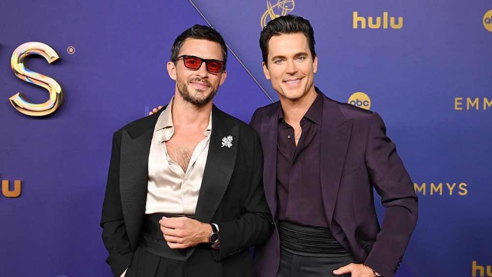 Jonathan Bailey and Matt Bomer at the 2024 Emmy Awards on Sept. 15 in Los Angeles, Brioni, Giorgio Armani, cummerbund, red carpet