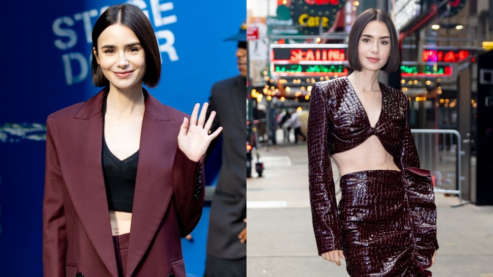 Lily Collins at ABC Studios on Sept. 16 in New York, Nina Ricci, red trend, maroon, burgundy, Harris Reed