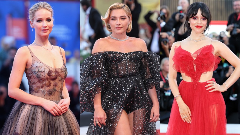 Jennifer Lawrence, Florence Pugh and Jenna Ortega at the Venice Film Festival, sheer, red carpet, Dior, Valentino