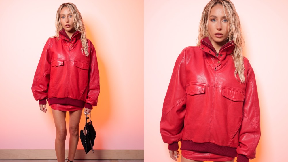 Alix Earle, Isabel Marant, spring 2025 rtw, leather jacket, red leather, mini skirt, Dorry jacket, Paulina Skirt, oversized trend