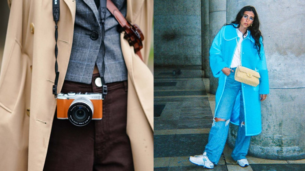 person wearing a trench coat and orange film camera; woman posing in a blue coat, jeans, and sneakers