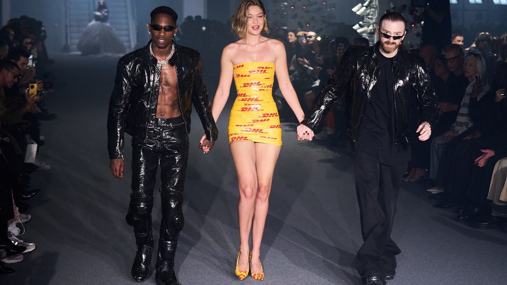 Travis Scott, Gigi Hadid and Guram Gvasalia walk the runway during the Vetements Paris Womenswear Spring-Summer 2025 show as part of Paris Fashion Week on September 27, 2024 in Paris, France. (Photo by Francois Durand/Getty Images)